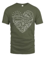 Heart Shaped Marine Life Sea Conservation Graphic Tee - military green t-shirt on white background