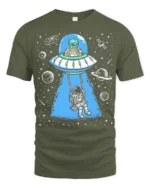 Creative Alien Spaceship Astronaut Swing Cosmic Graphic Tee - military green t-shirt on white background