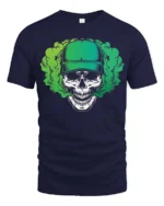 Striking Green Baseball Cap Skull Vapor Smoke Graphic Tee - navy t-shirt on white background
