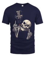 Aggressive Middle Finger Smoking Skeleton Graphic Tee - navy t-shirt on white background