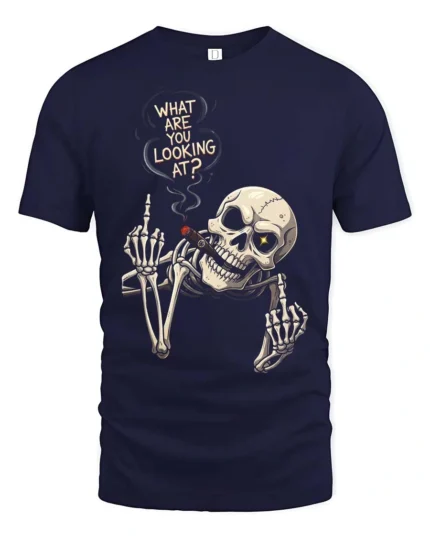 Aggressive Middle Finger Smoking Skeleton Graphic Tee - navy t-shirt on white background