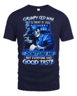Blue Grumpy Old Man Skeleton Poker Player Graphic Tee - navy t-shirt on white background