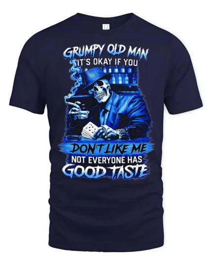 Blue Grumpy Old Man Skeleton Poker Player Graphic Tee - navy t-shirt on white background