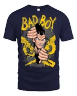 Bad Boy Cracking Wall Anime Mascot Graphic Tee - navy t-shirt on white background