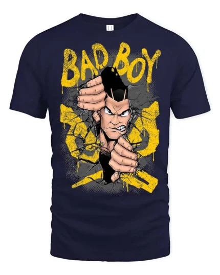 Bad Boy Cracking Wall Anime Mascot Graphic Tee - navy t-shirt on white background