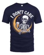 I Don’t Care Skeleton Drinking Beer Graphic Tee - navy t-shirt on white background