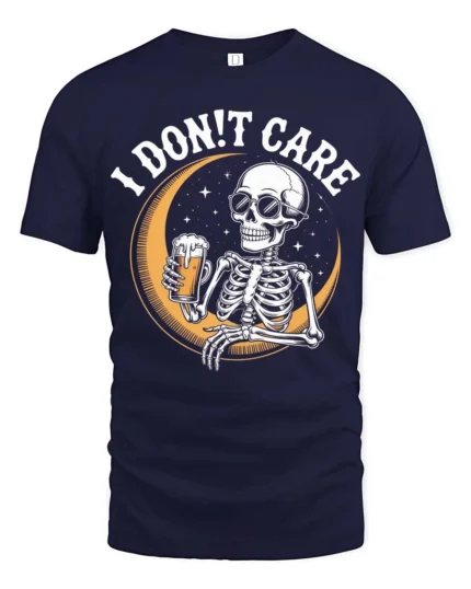 I Don’t Care Skeleton Drinking Beer Graphic Tee - navy t-shirt on white background