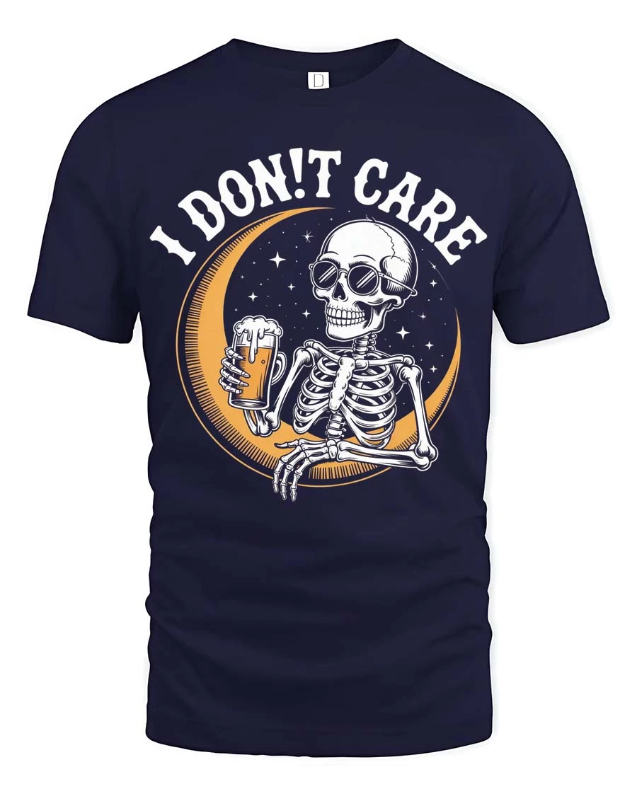 I Don’t Care Skeleton Drinking Beer Graphic Tee - 1 I Don’t Care Skeleton Drinking Beer Graphic Tee - navy t-shirt on white background