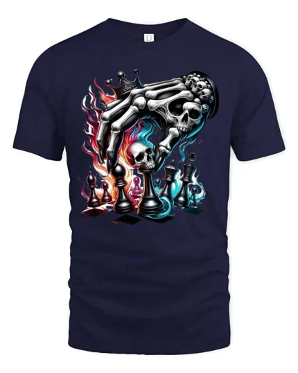 Intense Skeleton Hand Chess King Dark Magic Graphic Tee - navy t-shirt on white background