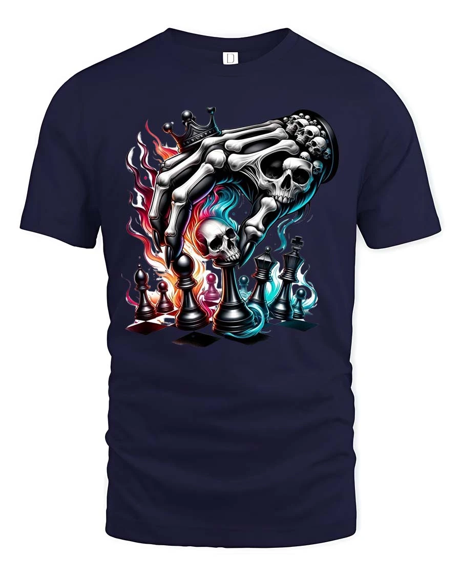 Intense Skeleton Hand Chess King Dark Magic Graphic Tee - 1 Intense Skeleton Hand Chess King Dark Magic Graphic Tee - navy t-shirt on white background