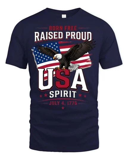 Inspiring Born Free Raised Proud Eagle Patriotic Graphic Tee - navy t-shirt on white background