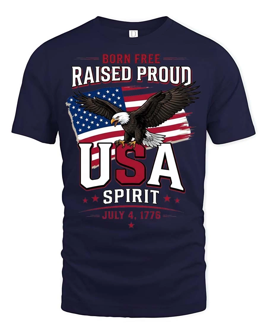 Inspiring Born Free Raised Proud Eagle Patriotic Graphic Tee - 1 Inspiring Born Free Raised Proud Eagle Patriotic Graphic Tee - navy t-shirt on white background