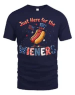 Entertaining Just Here For The Wieners Hot Dog Graphic Tee - navy t-shirt on white background