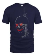 Gothic Gallows Hanging Skull Red Cross Eyes Novelty Tshirt - navy t-shirt on white background