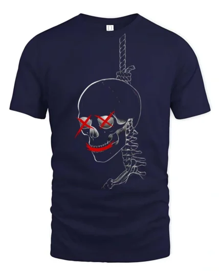 Gothic Gallows Hanging Skull Red Cross Eyes Novelty Tshirt - navy t-shirt on white background
