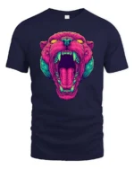 Striking Vaporwave Panther Roaring Neon Mascot Graphic Tee - navy t-shirt on white background