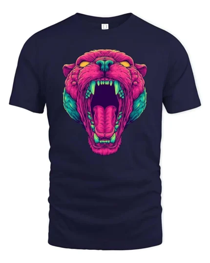 Striking Vaporwave Panther Roaring Neon Mascot Graphic Tee - navy t-shirt on white background