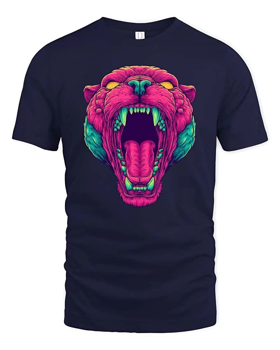 Striking Vaporwave Panther Roaring Neon Mascot Graphic Tee - 1 Striking Vaporwave Panther Roaring Neon Mascot Graphic Tee - navy t-shirt on white background