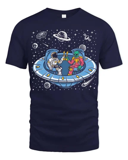 Awesome Extraterrestrial Spaceman Cheers Drinking Tshirt - navy t-shirt on white background