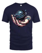 Enchanting Hand Holding Planet Cosmic Rings Graphic Tee - navy t-shirt on white background