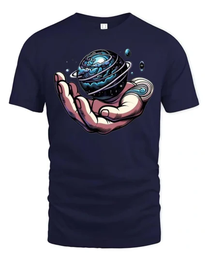 Enchanting Hand Holding Planet Cosmic Rings Graphic Tee - navy t-shirt on white background