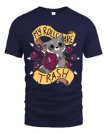 Entertaining My Rolls Are Trash Raccoon Tabletop RPG Graphic Tee - navy t-shirt on white background