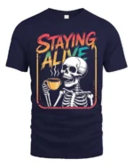 Staying Alive Skeleton Coffee Drinking Graphic Tee - navy t-shirt on white background