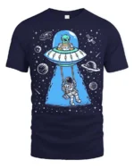 Creative Alien Spaceship Astronaut Swing Cosmic Graphic Tee - navy t-shirt on white background