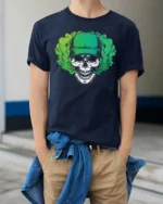 Striking Green Baseball Cap Skull Vapor Smoke Graphic Tee - model wearing navy tee with hands in pockets