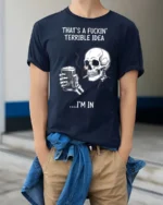 Sarcastic That’s A Terrible Idea I’m In Skull Graphic Tee - model wearing navy tee with hands in pockets
