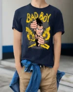 Bad Boy Cracking Wall Anime Mascot Graphic Tee - model wearing navy tee with hands in pockets