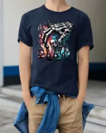 Intense Skeleton Hand Chess King Dark Magic Graphic Tee - model wearing navy tee with hands in pockets