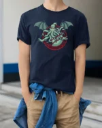 Captivating Call Of Cthulhu Dark Mythos Gateway Graphic Tee - model wearing navy tee with hands in pockets