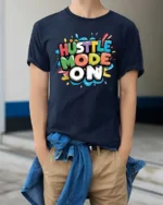Dynamic Hustle Mode On Colorful Bubble Lettering Graphic Tee - model wearing navy tee with hands in pockets