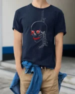Gothic Gallows Hanging Skull Red Cross Eyes Novelty Tshirt - model wearing navy tee with hands in pockets