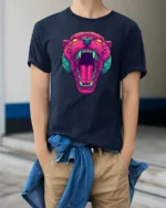 Striking Vaporwave Panther Roaring Neon Mascot Graphic Tee - model wearing navy tee with hands in pockets