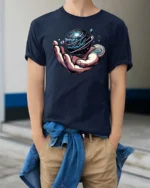 Enchanting Hand Holding Planet Cosmic Rings Graphic Tee - model wearing navy tee with hands in pockets