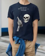 Sarcastic Good Luck Whatever Skeleton Drinking Graphic Tee - model wearing navy tee with hands in pockets
