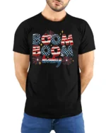 Festive Fourth Of July Boom Boom Baby Fireworks Graphic Tee - model wearing black tee with hands behind back
