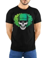 Striking Green Baseball Cap Skull Vapor Smoke Graphic Tee - model wearing black tee with hands behind back