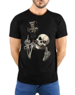 Aggressive Middle Finger Smoking Skeleton Graphic Tee - model wearing black tee with hands behind back