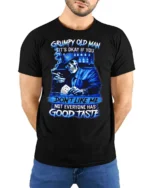 Blue Grumpy Old Man Skeleton Poker Player Graphic Tee - model wearing black tee with hands behind back