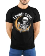 I Don’t Care Skeleton Drinking Beer Graphic Tee - model wearing black tee with hands behind back