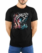 Intense Skeleton Hand Chess King Dark Magic Graphic Tee - model wearing black tee with hands behind back