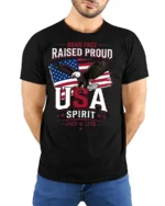 Inspiring Born Free Raised Proud Eagle Patriotic Graphic Tee - model wearing black tee with hands behind back