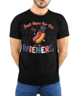 Entertaining Just Here For The Wieners Hot Dog Graphic Tee - model wearing black tee with hands behind back