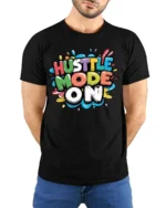 Dynamic Hustle Mode On Colorful Bubble Lettering Graphic Tee - model wearing black tee with hands behind back