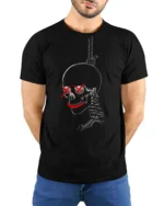 Gothic Gallows Hanging Skull Red Cross Eyes Novelty Tshirt - model wearing black tee with hands behind back