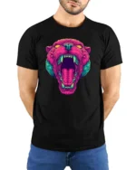 Striking Vaporwave Panther Roaring Neon Mascot Graphic Tee - model wearing black tee with hands behind back