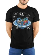 Awesome Extraterrestrial Spaceman Cheers Drinking Tshirt - model wearing black tee with hands behind back